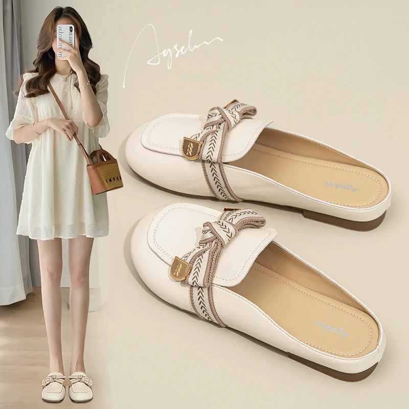 奥古狮登蝴蝶结包头半拖鞋女2024新款夏季平底懒人鞋一脚蹬小香风