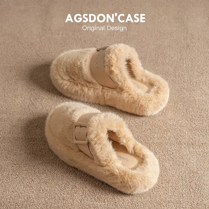 奥古狮登厚底毛毛鞋女外穿2025新款冬季加绒毛茸茸家居包头棉拖鞋