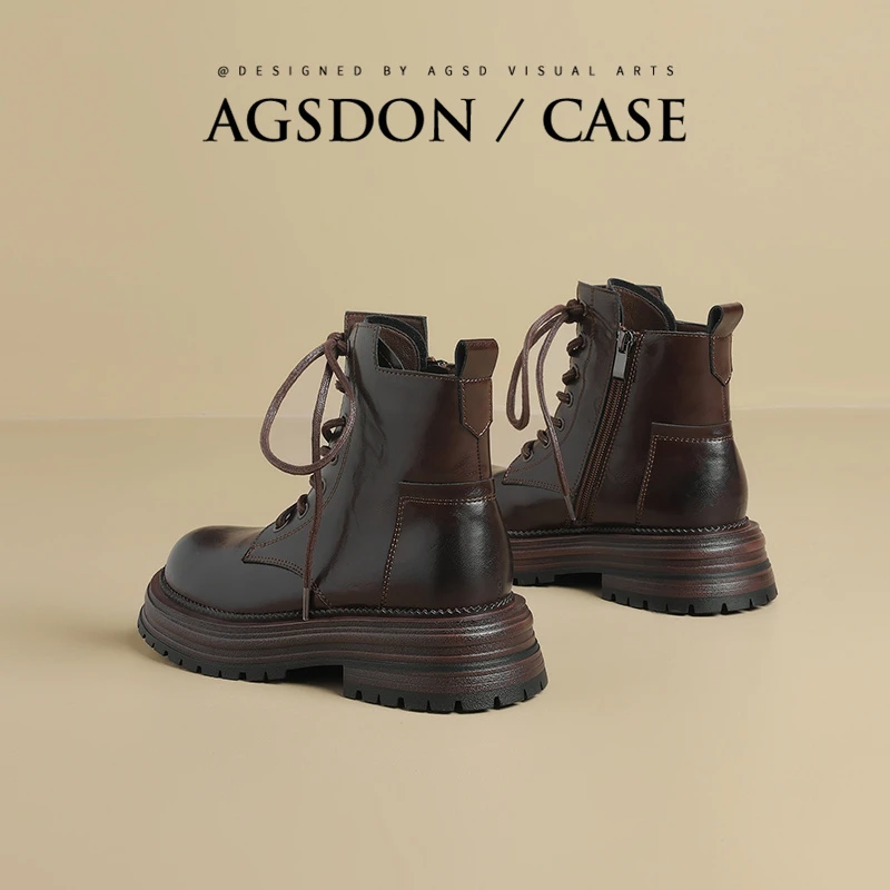 奥古狮登马丁靴女棕色短靴2025新款春秋单靴厚底增高英伦风中筒靴