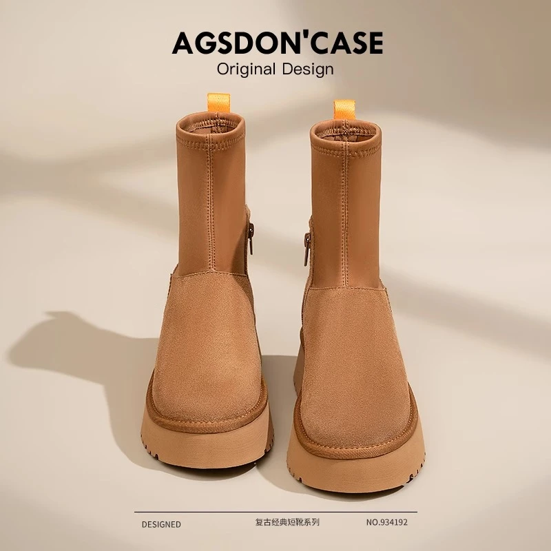 奥古狮登雪地靴女2025新款冬季加绒加厚马丁铅笔靴厚底东北棉鞋