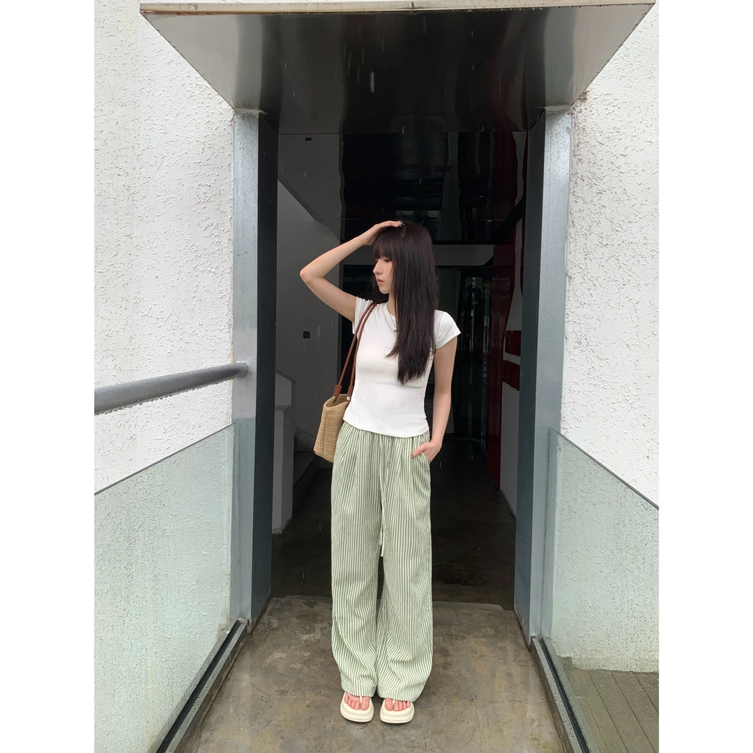 【清苍 山野栀子】高腰百搭显瘦夏季绿色条纹休闲拖地垂感直筒裤