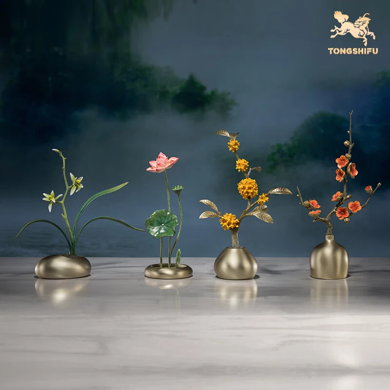 铜师傅《春兰 夏荷 秋桂 冬梅》客厅桌面铜摆件 家居装饰工艺品