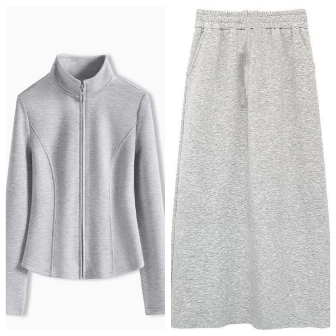 减龄显瘦设计感立领长袖纯色鱼骨时尚修身拉链短款秋冬套装裙子女