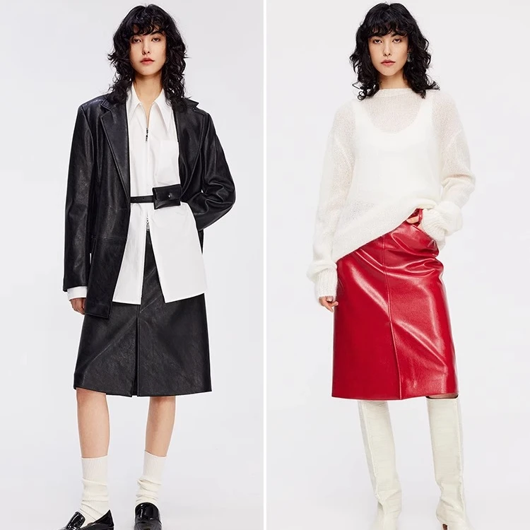 高端木纹蜡皮凹造型显瘦经典百搭套装/短皮夹克外套/短皮半裙