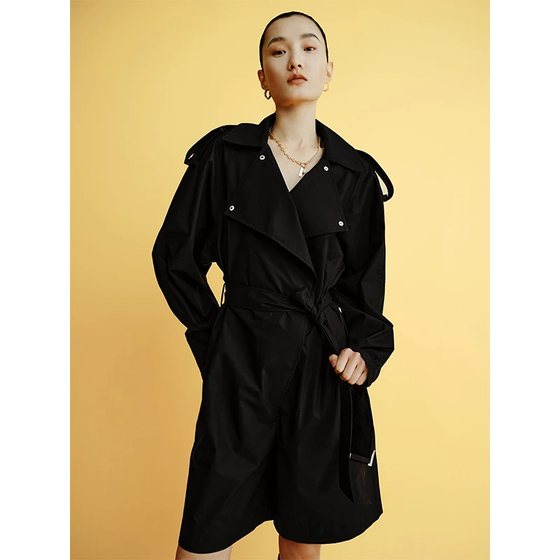 RoseLingLing工艺嵿级匹马棉酷飒有型黑色风衣式宽松连体裤