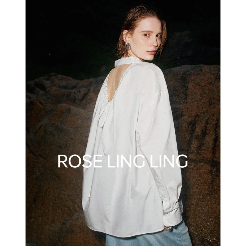 Roselingling柔飒时髦篙密新疆棉心机露肤镂空oversize廓型感衬衫