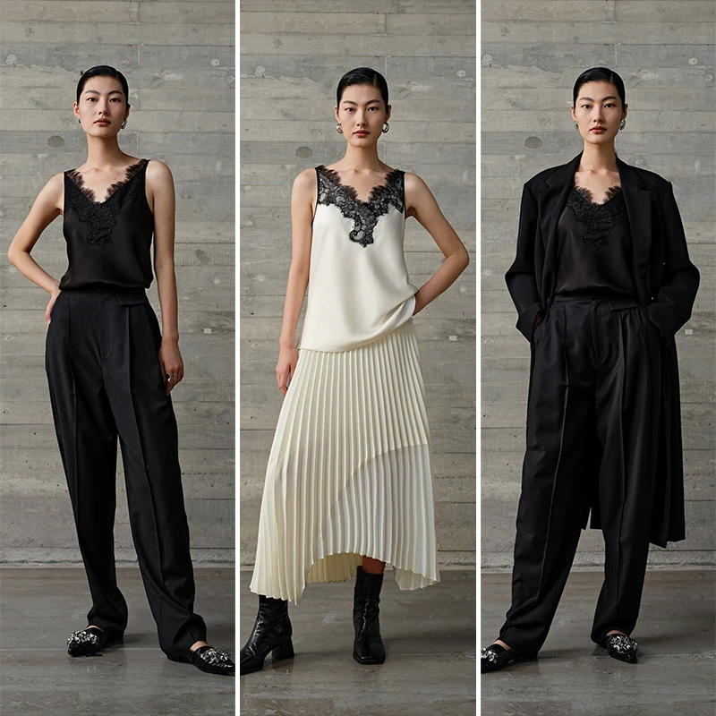 Roselingling汲简闺房风  45°斜裁贝母光亮柔滑缎感蕾丝拼接背心