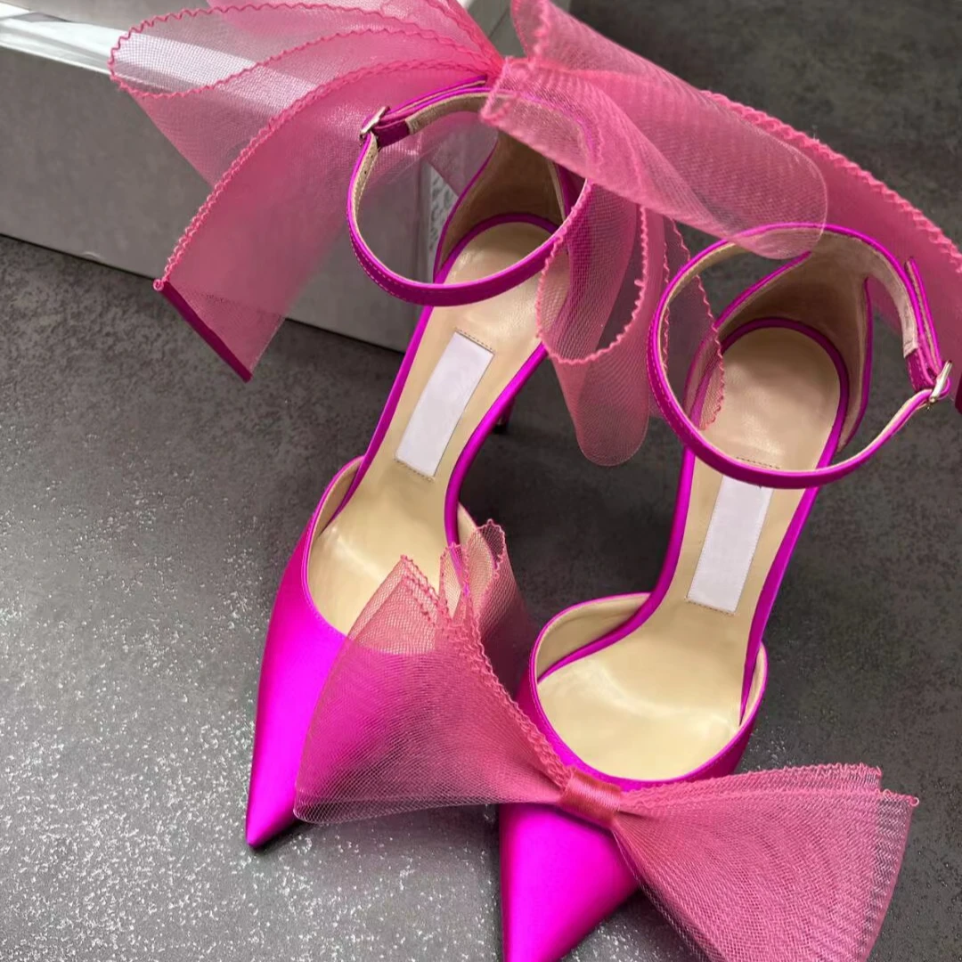 欧美新款蝴蝶结高跟鞋细跟尖头浅口玫红色凉鞋百搭单鞋女