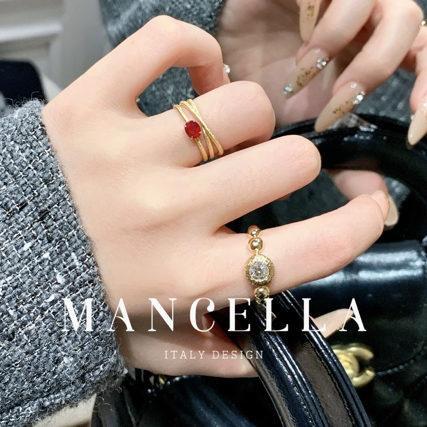 曼契拉  【三环拉丝红宝戒指】18k金轻奢气质复古时尚精致戒指 K6