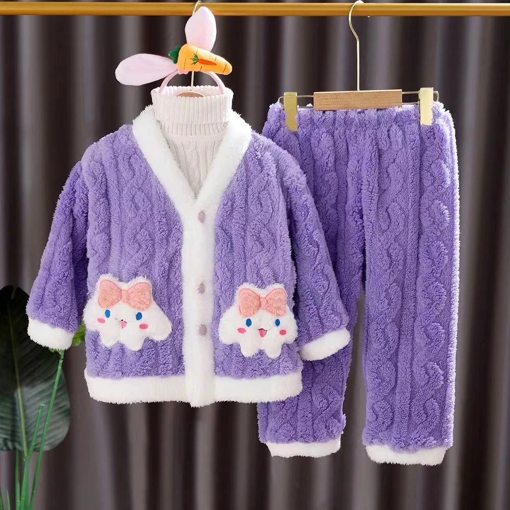 女童冬装秋冬新款女宝宝加绒加厚法兰绒儿童睡衣套装家居服保暖