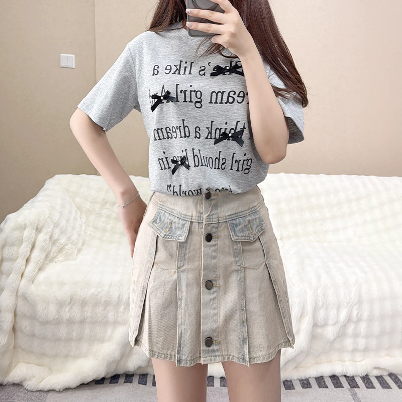 牛仔裙半身裙女新款春夏小个子显瘦高腰百褶裙春夏辣妹腮红短裙