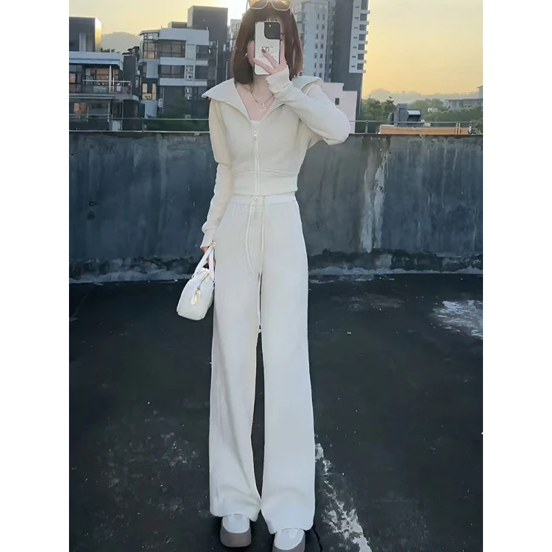 8267新款女装炸街一整套加绒卫衣阔腿裤时尚休闲运动两件套装白色