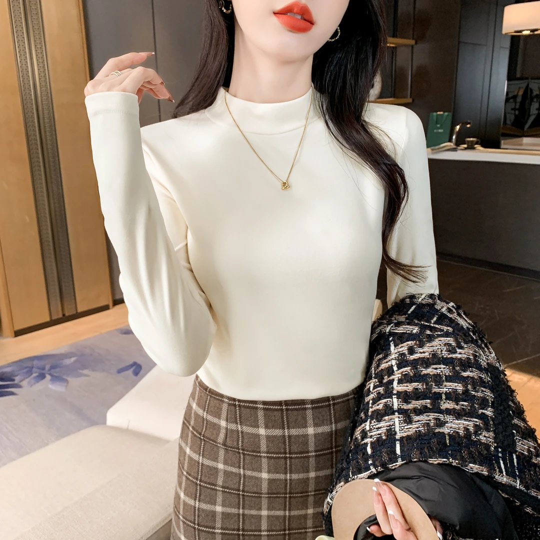 双面磨毛绒打底衫女百搭内搭长袖上衣正肩显瘦2023秋冬半高领秋衣