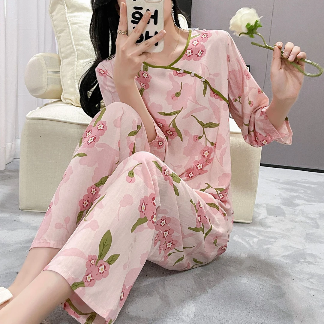 【新中式套装】新款棉绸睡衣女可外穿妈妈装家居服国风薄款套装机械