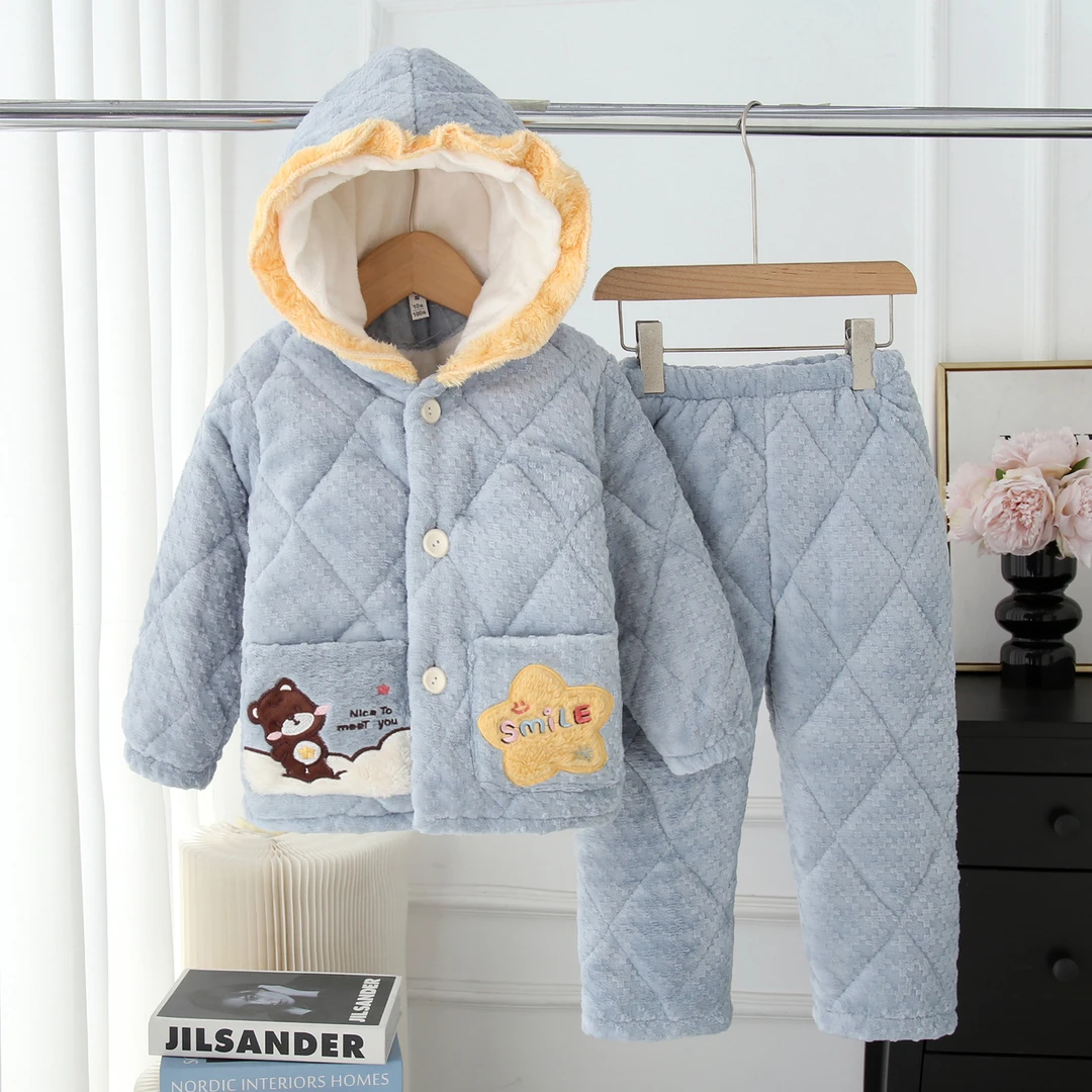 冬季儿童三层加绒加厚法兰绒睡衣套装女童宝宝连帽卡通可爱家居服