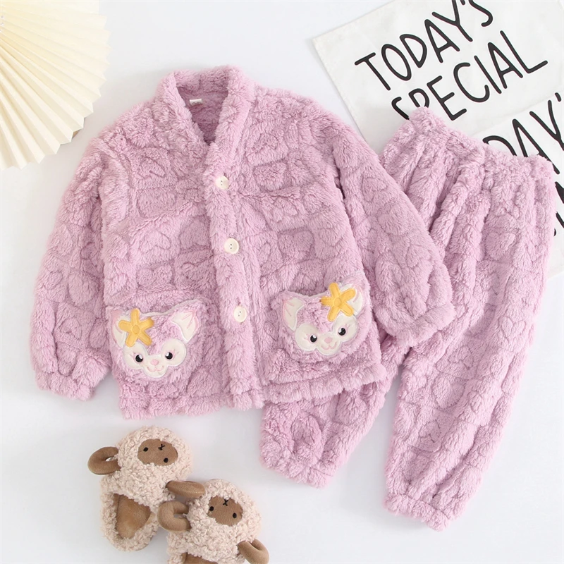 秋冬季女童珊瑚绒睡衣套装宝宝中小童可爱加厚法兰绒家居服可外穿