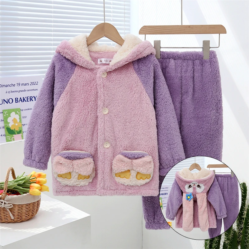 秋冬季女童连帽法兰绒睡衣女孩卡通可爱珊瑚绒保暖家居服小宝宝