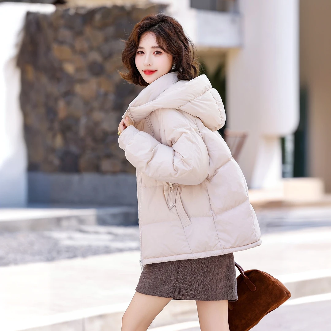 【8606-F+】拉链拼接款连帽90白鸭绒羽绒服时尚保暖韩版女士上衣
