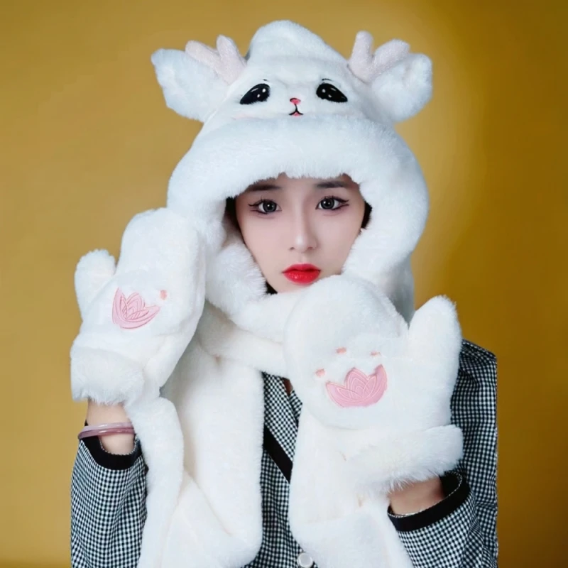 冬款小熊百搭保暖可爱耳朵连帽刺绣毛绒帽子围巾一体加厚暖绒绒帽