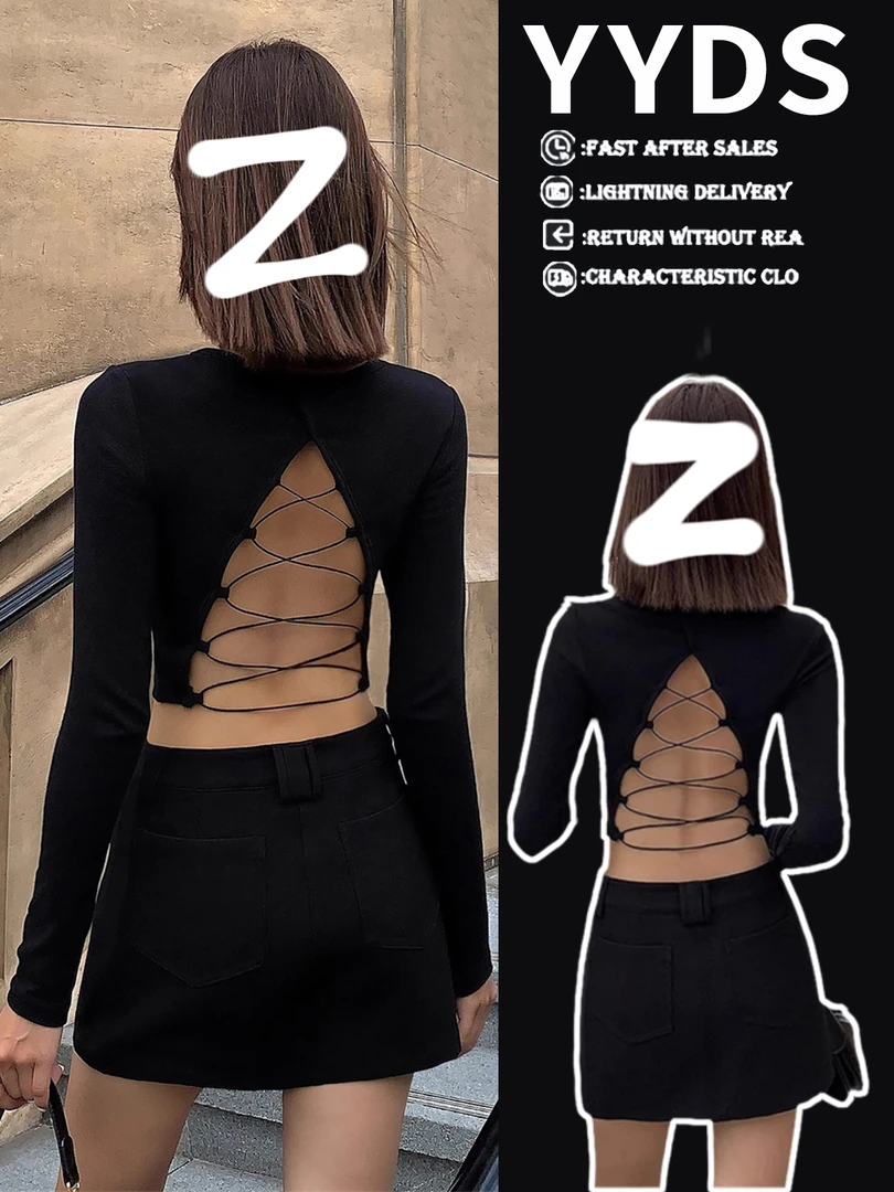 黑色性感交叉露背修身针织衫女2023秋新款设计感镂空长袖短上衣