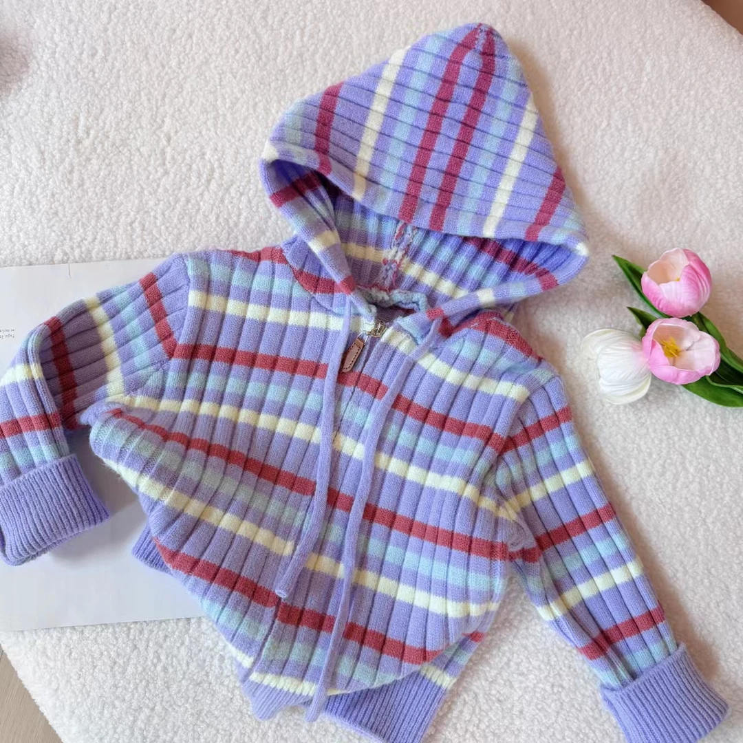 女童连帽毛衣2024春秋款中大童开衫条纹针织衫外套套头洋气内搭潮