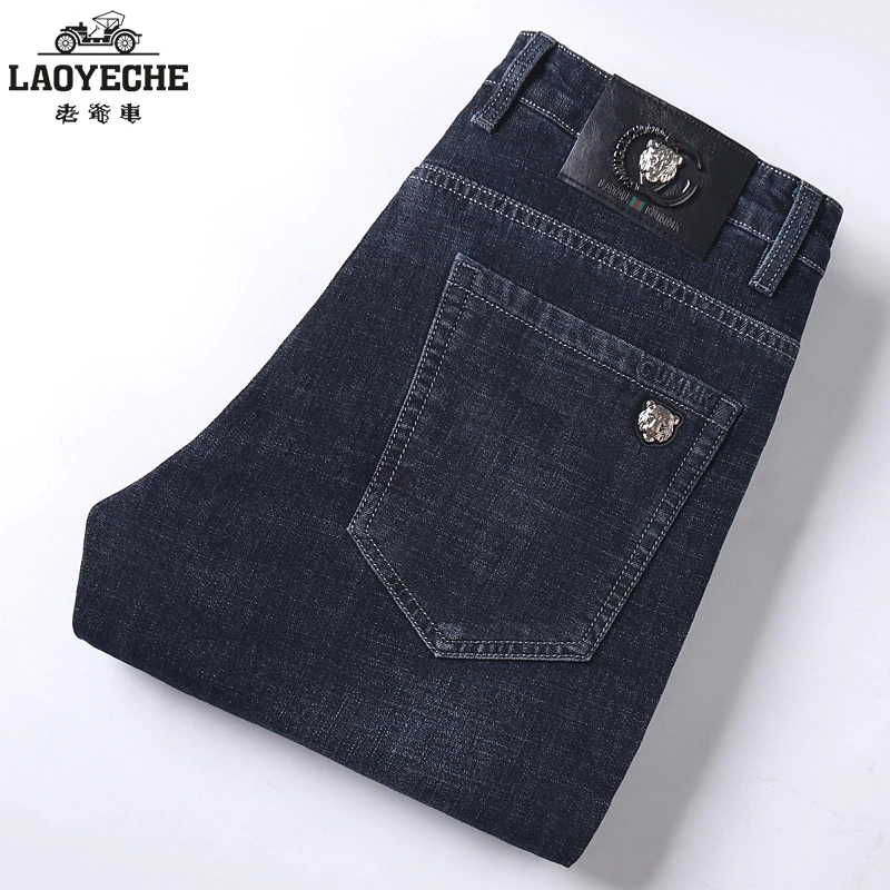 老爷车/男士秋冬新款牛仔裤商务休闲直筒高腰宽松弹力中年长裤子
