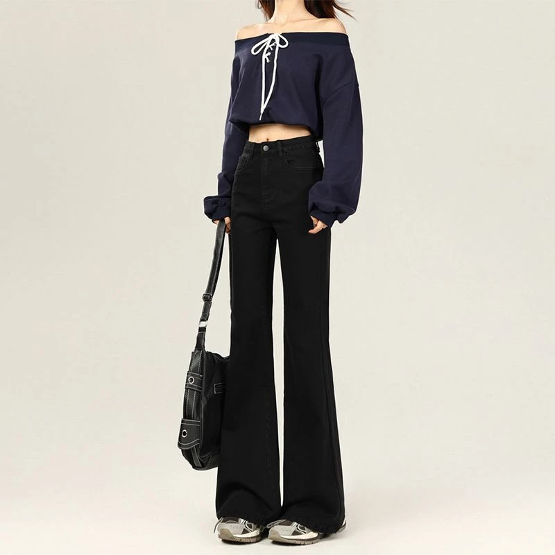 黑色不贴腿微辣牛仔裤女2024秋冬新款高腰显瘦宽松阔腿喇叭马蹄裤