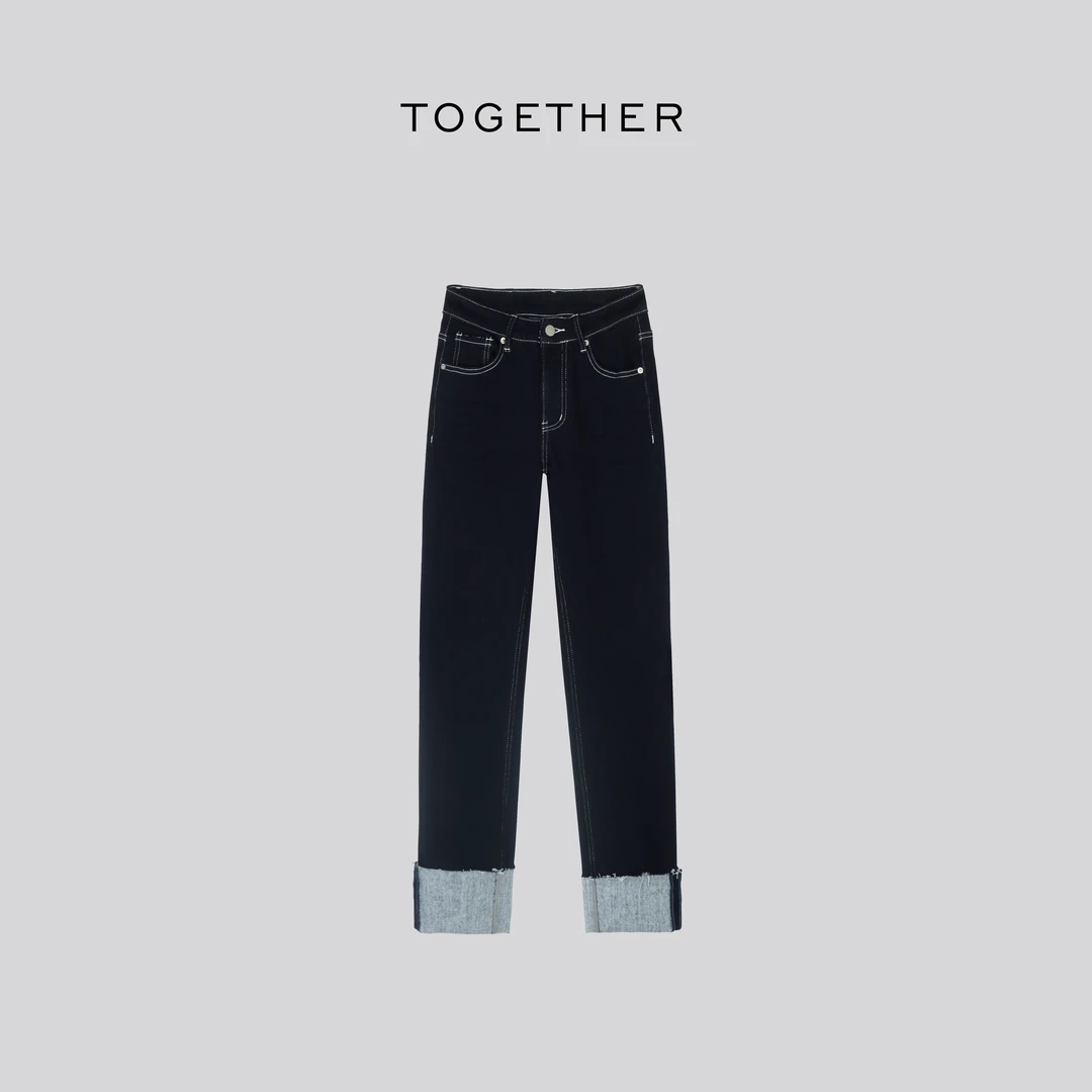 【Together】· 烟云 ·冬款加绒九分裤脚翻边四面弹烟管牛仔裤#L2087