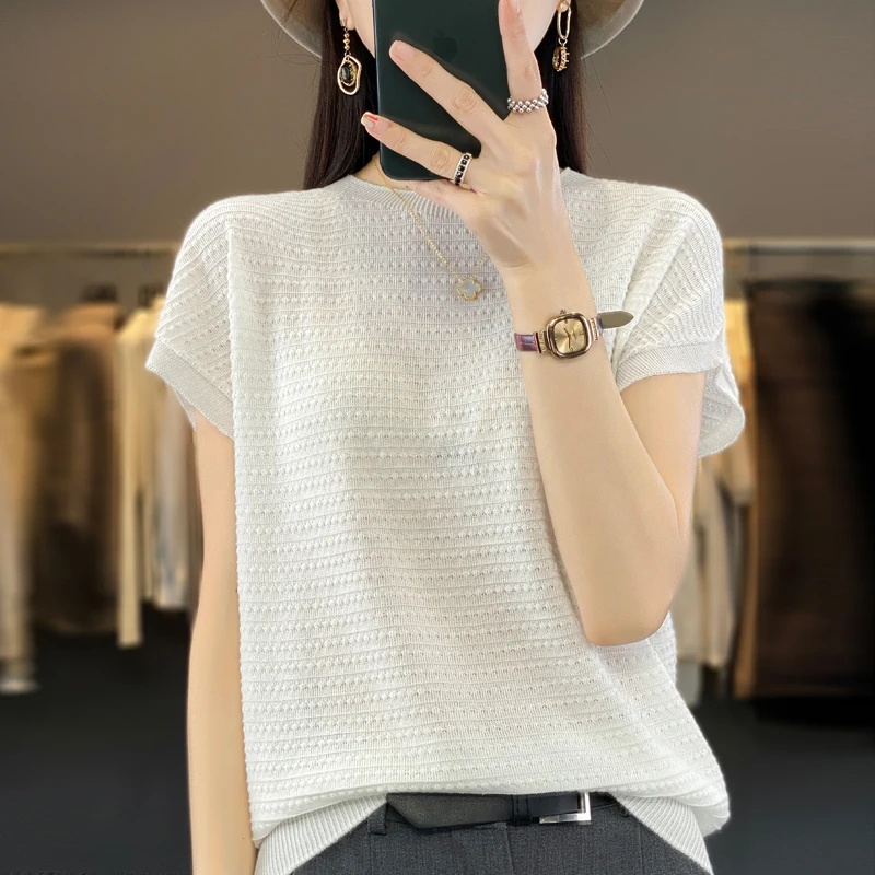 【精纺羊毛】重工女士圆领一线成衣薄款短袖T恤绵羊毛针织衫D夏季