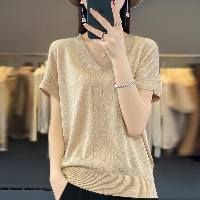 夏季薄款套头鎏金沙短袖女上衣针织衫百搭宽松洋气时尚显瘦气质