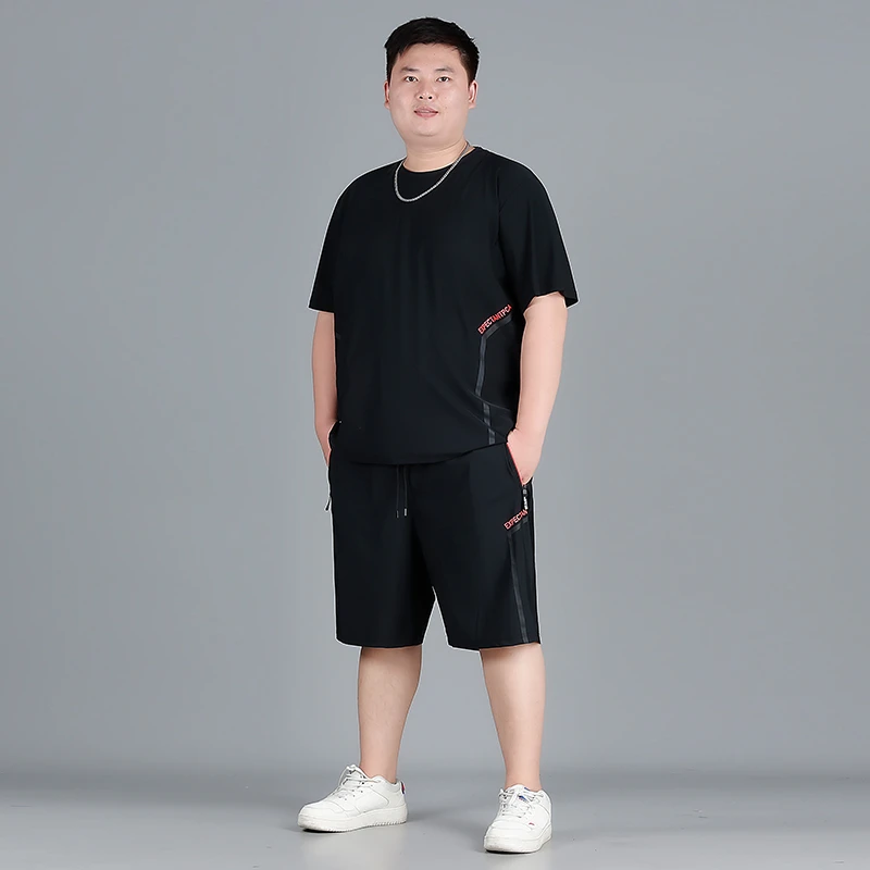 冰丝休闲运动速干套装夏季新款男士加肥加大T恤短袖短裤两件套潮T