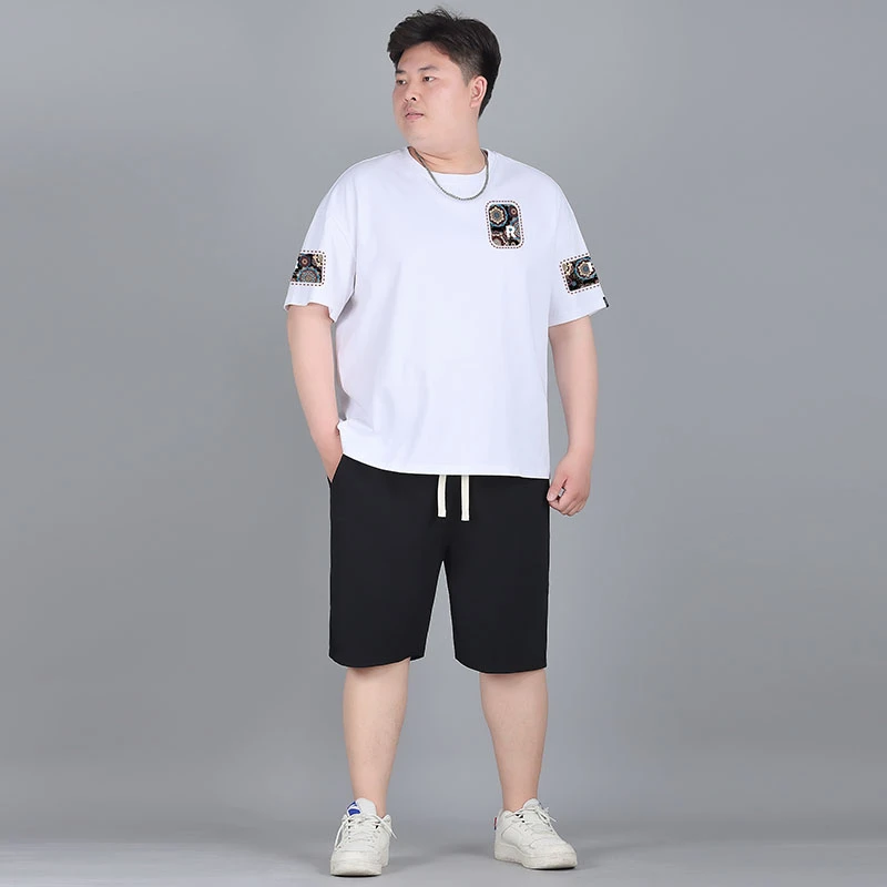 大码夏季男士运动时尚印花休闲套装男宽松加肥加大码圆领韩版潮流