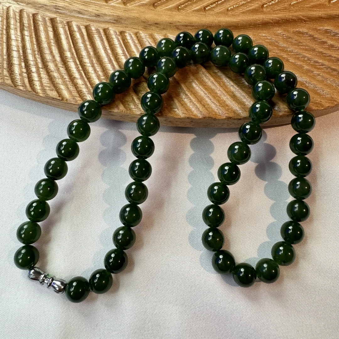 【小雅碧玉】和田玉碧玉菠菜绿8mm项链妈妈链-多样性发其一百搭