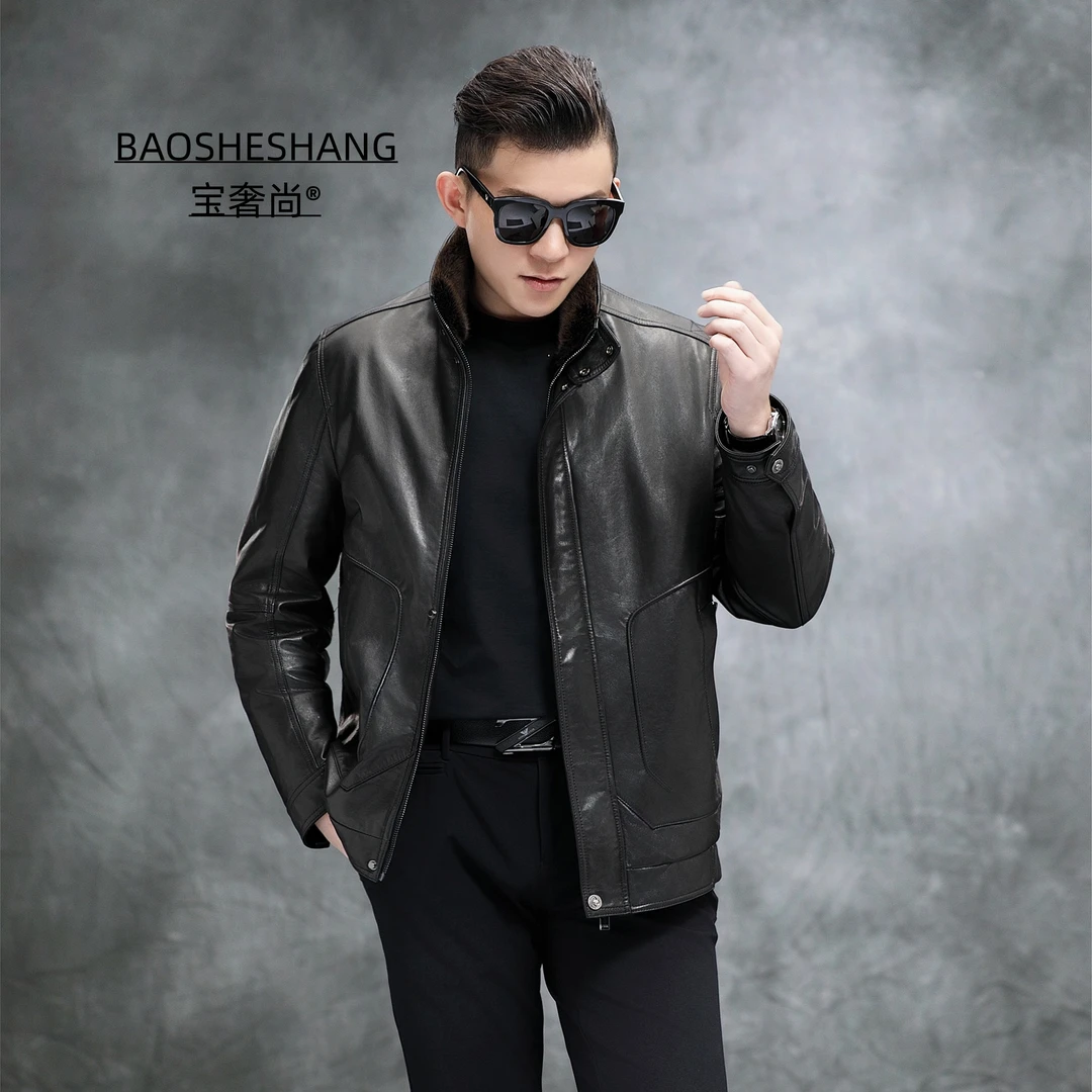 BAOSHESHANG/宝奢尚23202头层山羊皮男士真皮夹克脱卸鹅绒胆貂领
