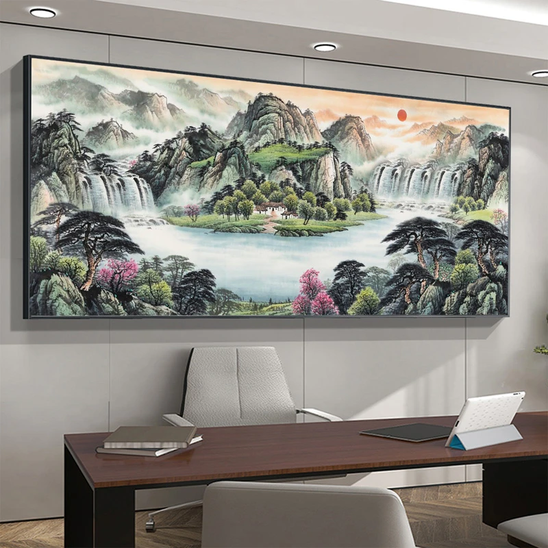 [流水生财风景画]中式客厅山水挂画办公室字画沙发背景墙装饰壁画