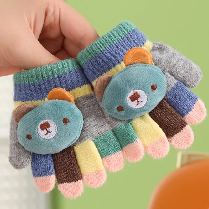 宝宝小孩儿童手套0-2岁婴幼儿保暖卡通秋冬五指防寒针织毛线可爱