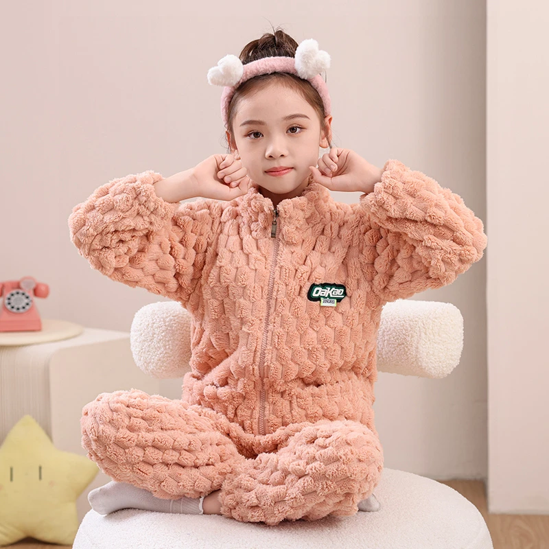 秋冬季加绒加厚儿童法兰绒家居服女童男孩秋款套装珊瑚绒保暖睡衣