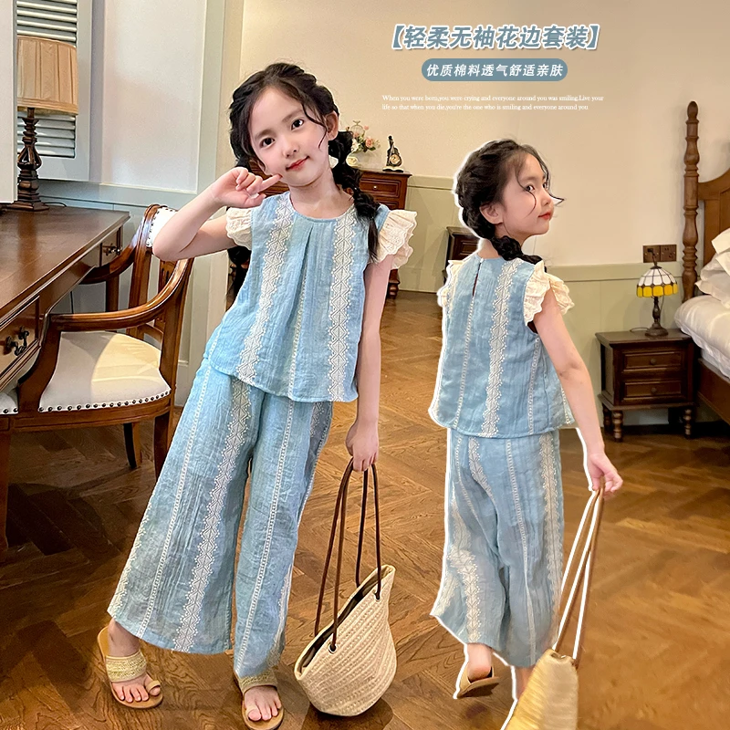 【断码清】女童夏季度假风套装新款小清新儿童无袖透气休闲两件套