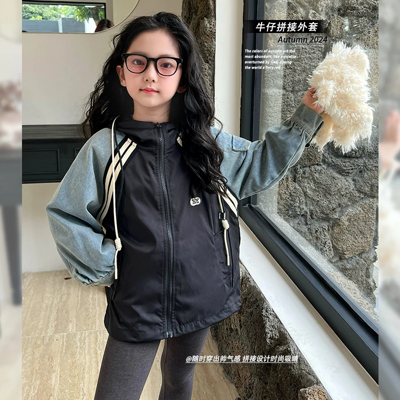 mini旦童装儿童连帽外套秋冬新款欧版设计感小众牛仔拼接上衣