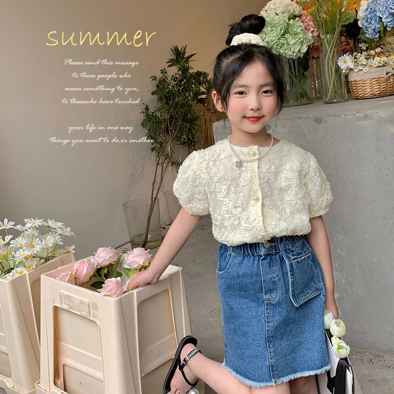 mini旦女童装短袖衬衫夏季新款韩版名媛风气质泡泡袖蕾丝上衣