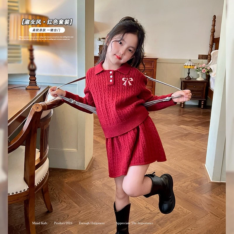 mini旦童装女童针织套装裙冬季新款小女孩红色毛衣短裙两件套