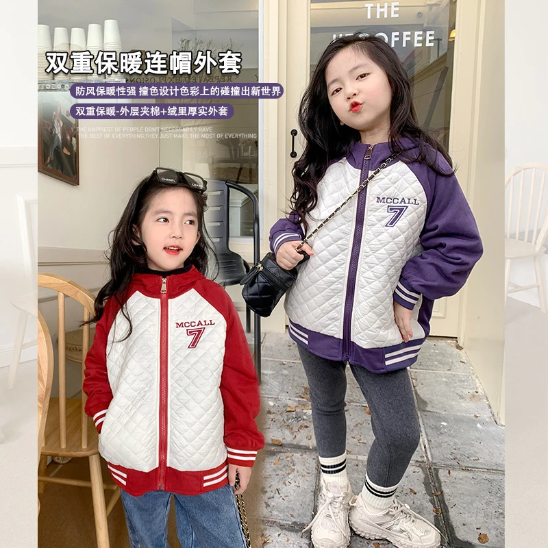 mini旦女童韩版休闲棒球服棉服秋冬新款儿童夹棉保暖拼色加厚外套
