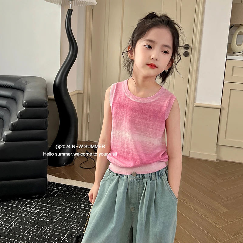 【043】女童针织背心夏季新款儿童彩虹纱渐变条纹无袖上衣T恤