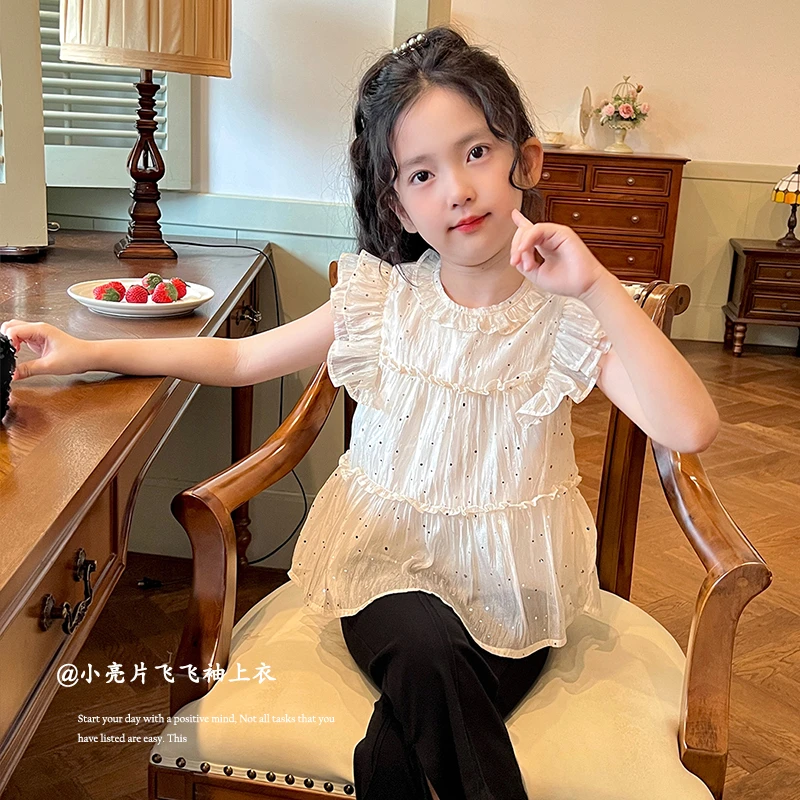 mini旦女童娃娃衫夏季新款儿童洋气法式亮片花边气质短袖上衣