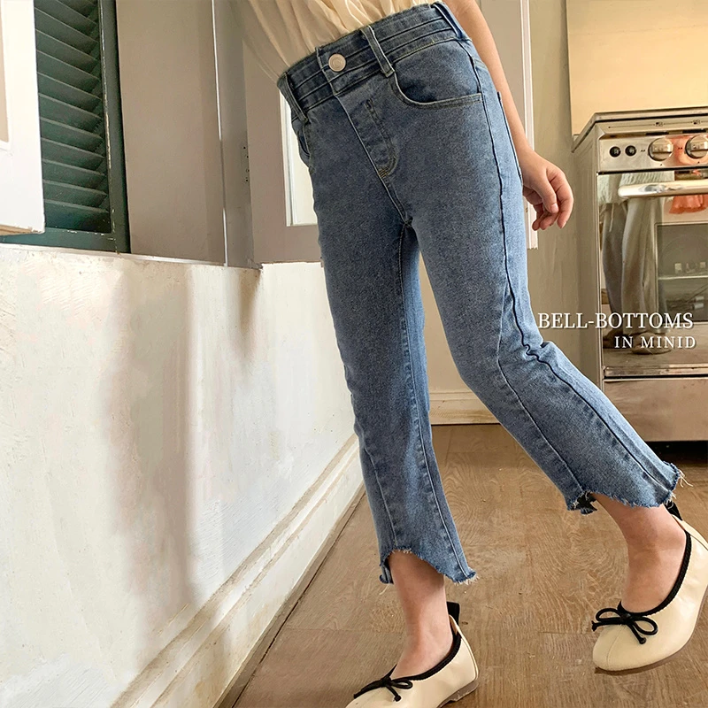 mini旦女童牛仔裤夏装新款儿童裤子宝宝洋气七分喇叭裤休闲裤