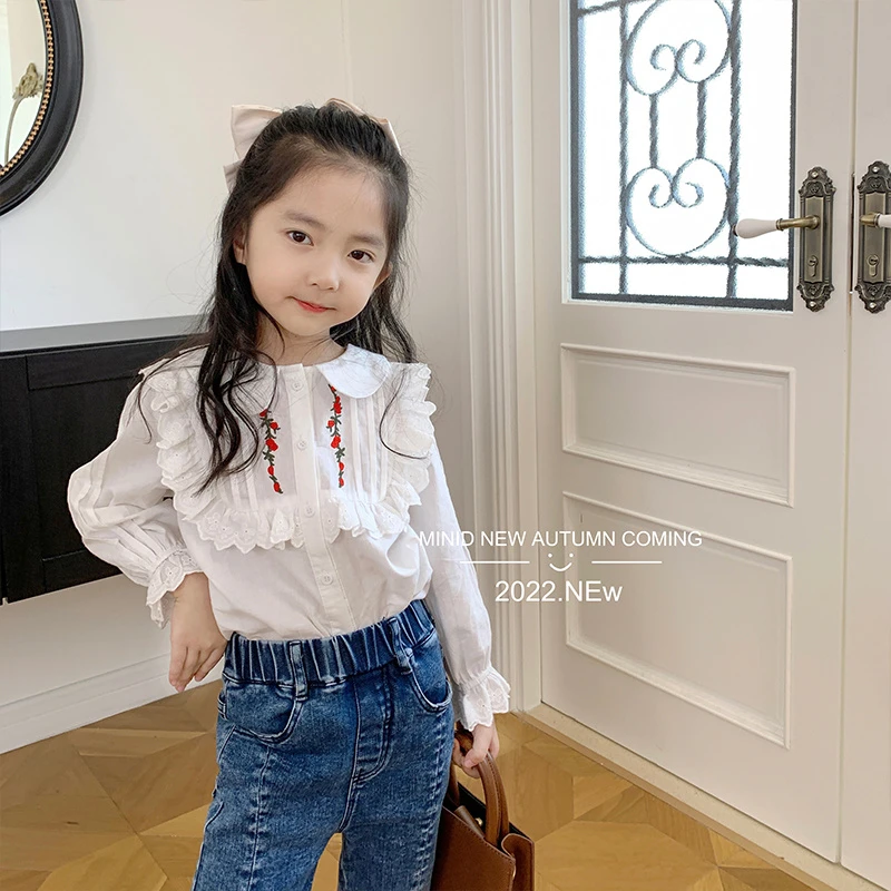 mini旦女童衬衫秋装新品法式花边领衬衣洋气宝宝刺绣长袖上衣