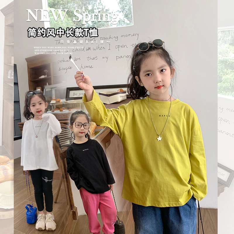 mini旦女童长袖T恤秋装新款简约美式英文体恤儿童百搭休闲上衣潮