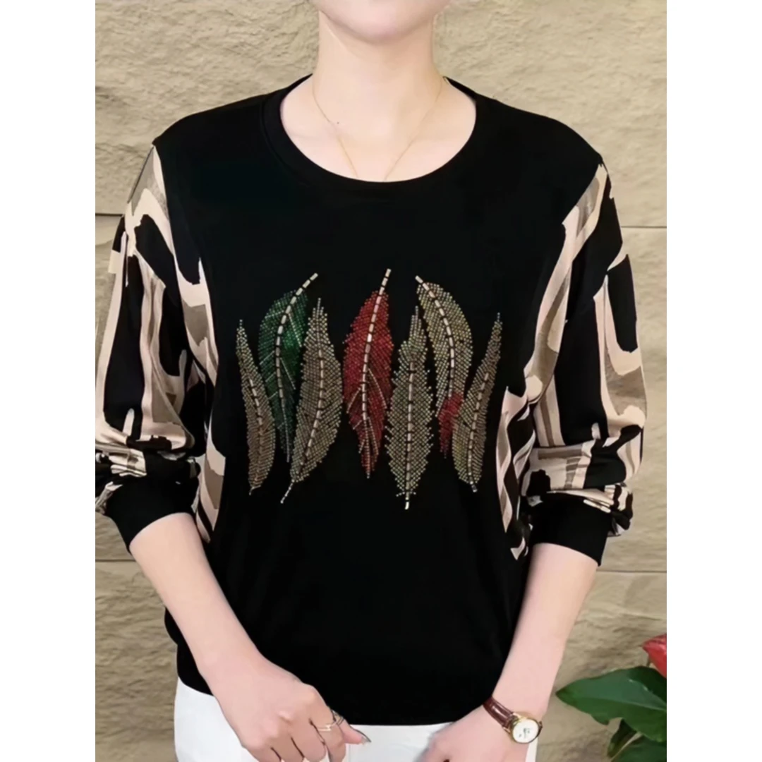 【早春新款】时尚洋气印花烫钻T恤宽松大码休闲百搭减龄遮肉上衣