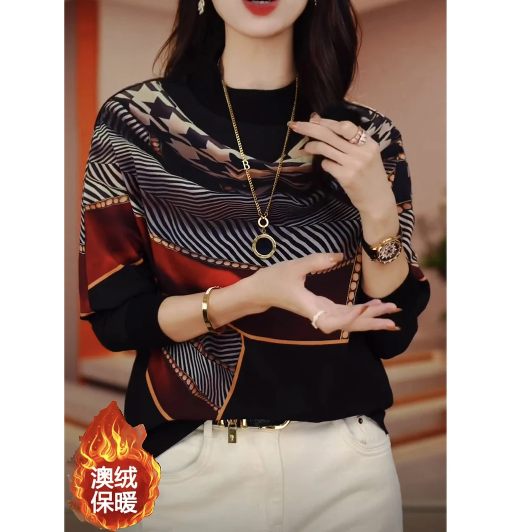 【升级版】高档澳绒保暖假围巾印花洋气时尚宽松大码T恤女装百搭