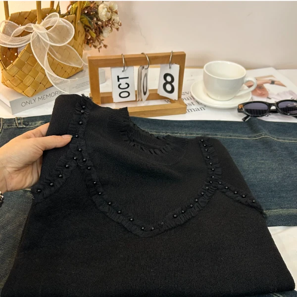 【圆领钉珠黑打底】2024新款时尚圆领钉珠简约系打底针织衫